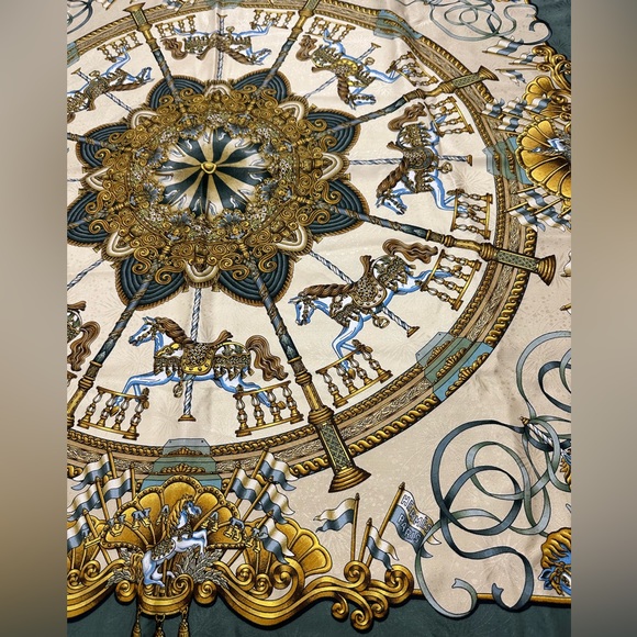 Hermes Silk Reversible Opera Scarf LUNA PARK Carrousel Print; 70.5x11.5" - Picture 11 of 13